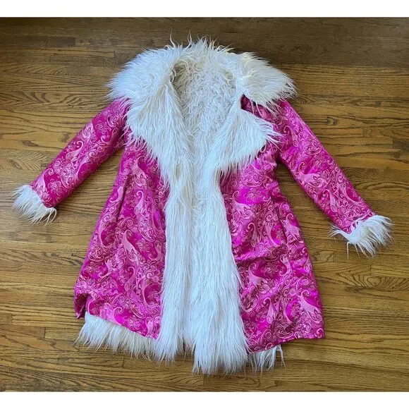 Pink White Reversible Y2K 90s Fluffy Jacket Coat  Women's Size Medium - Picture 4 of 13